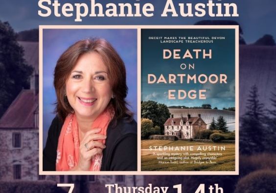 Author portrait of Stephanie Austin and cover of her book 'Death on Dartmoor Edge'